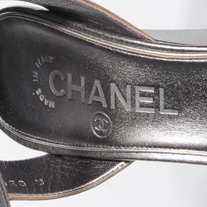 Chanel Metallic Calfskin Pearl Wedge Sandals 37.5 Dark Silver 8 of 8