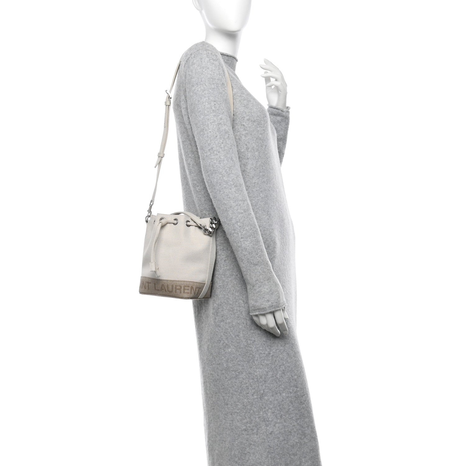 Saint Laurent Canvas Mini Chevron Bucket Bag Grigio 2 of 14