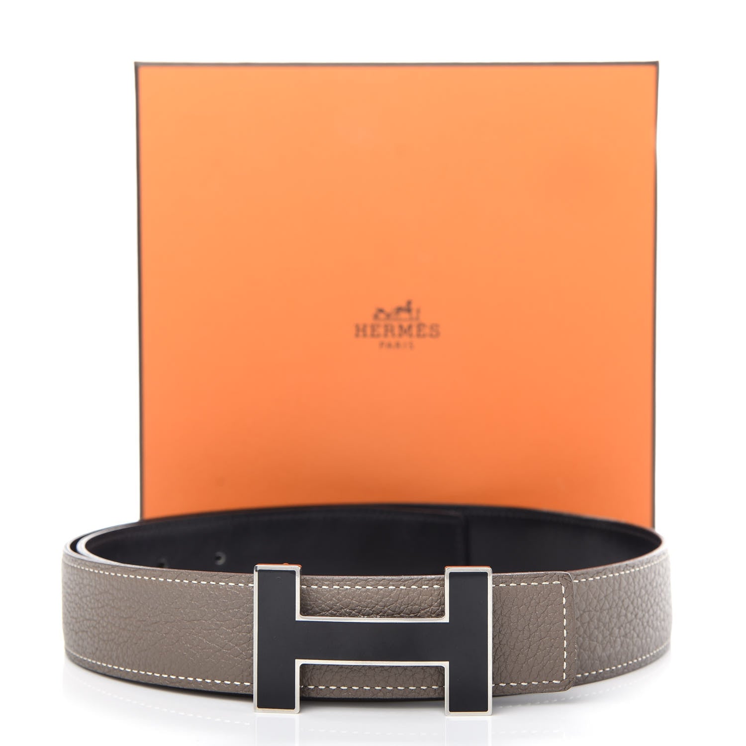 Hermes Togo Box 32mm Enamel Quizz H Belt 80 Black Etoupe 8 of 8