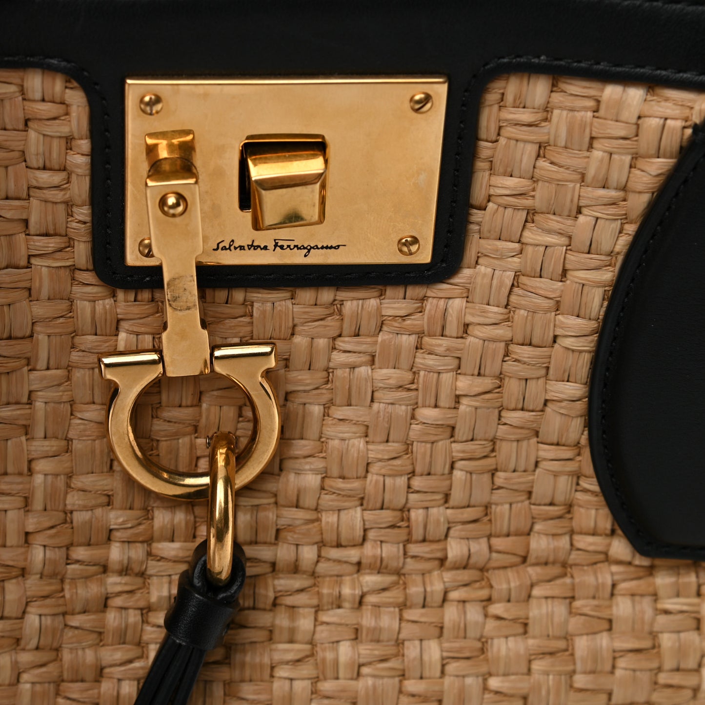 Woven Raffia Calfskin The Studio Tote Beige Black