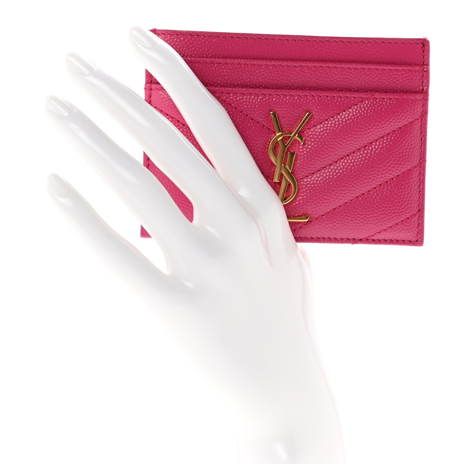 Saint Laurent Grain De Poudre Matelasse Chevron Monogram Credit Card Case Fresh Fuxia 2 of 7