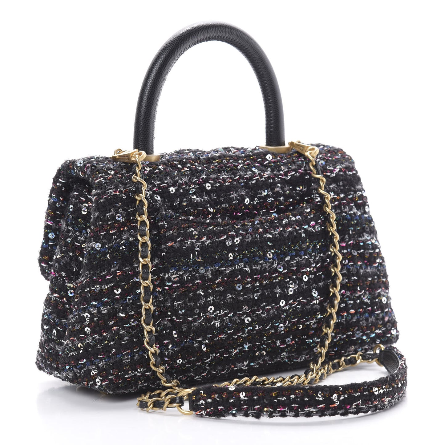 Tweed Sequin Mini Coco Handle Flap Black