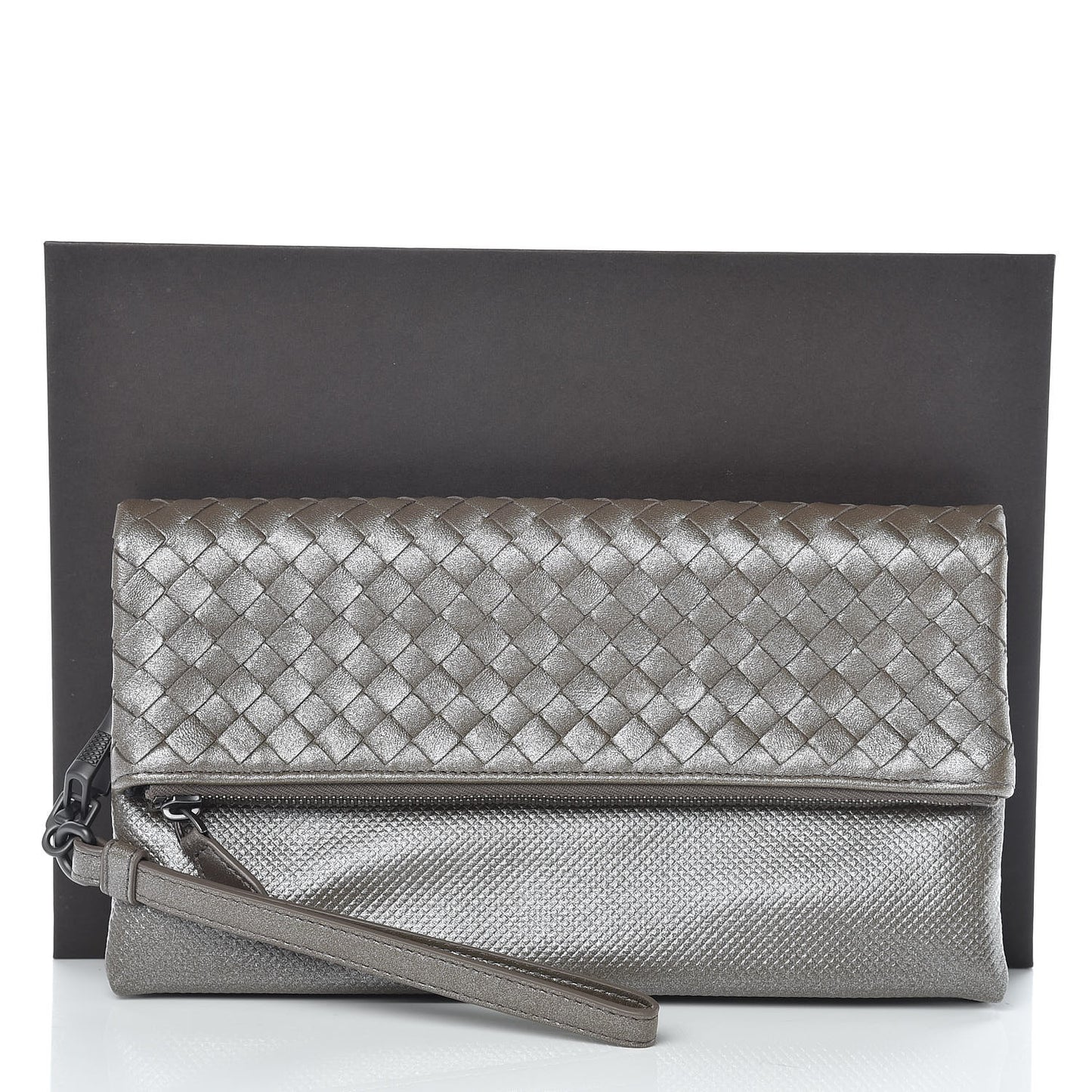Metallic Nappa Intrecciato Flap Wristlet Light Grey