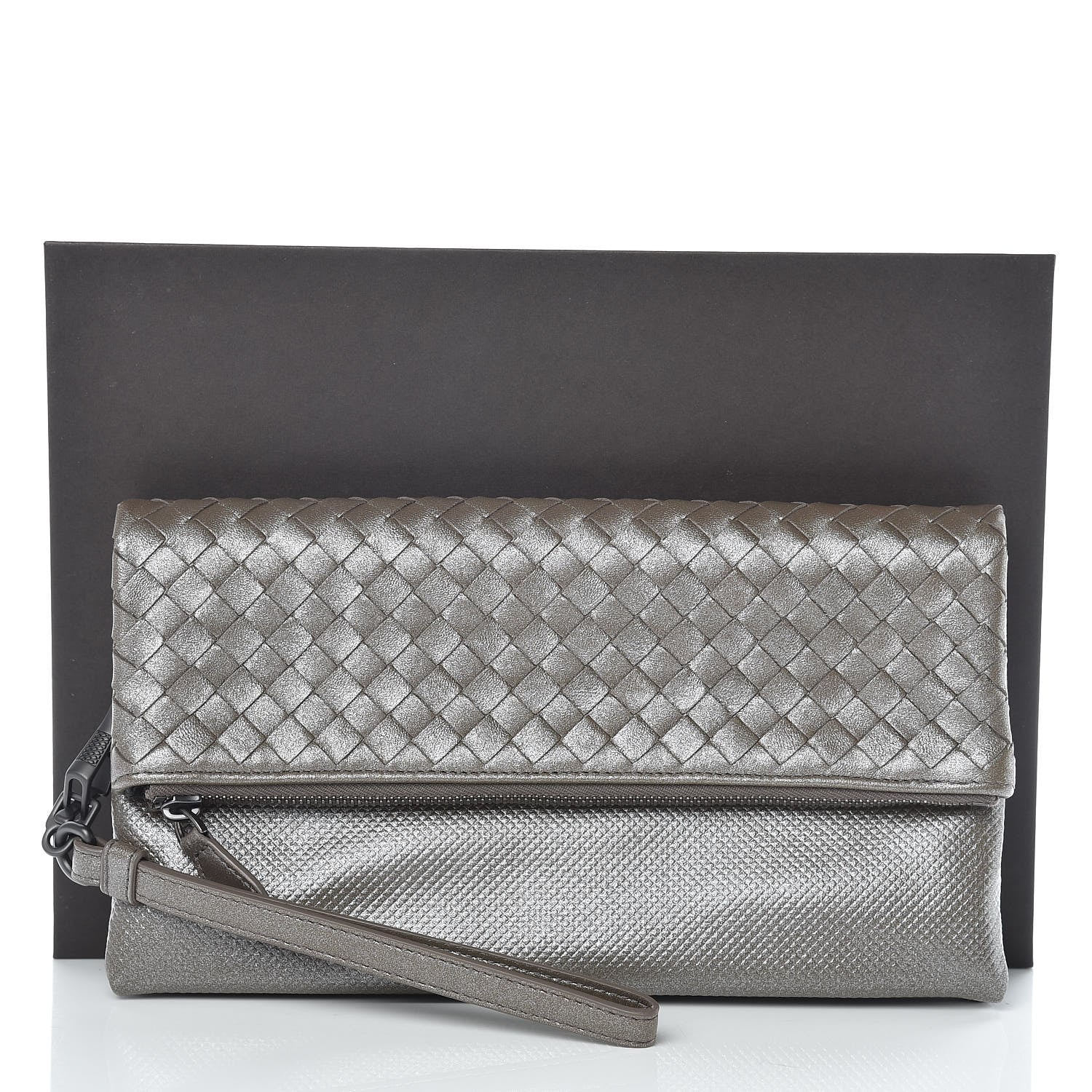 Bottega Veneta Metallic Nappa Intrecciato Flap Wristlet Light Grey 8 of 8