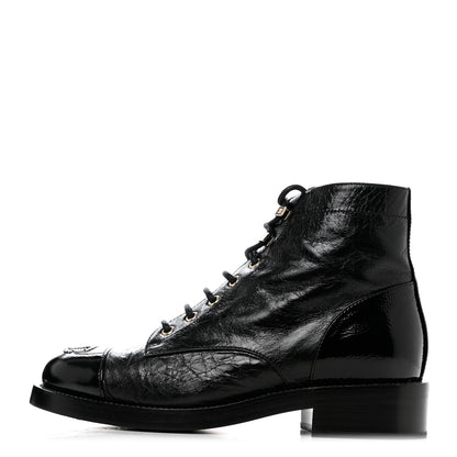 Chanel Crumpled Lambskin Shiny Calfskin Combat Boots 38 Black 1 of 9