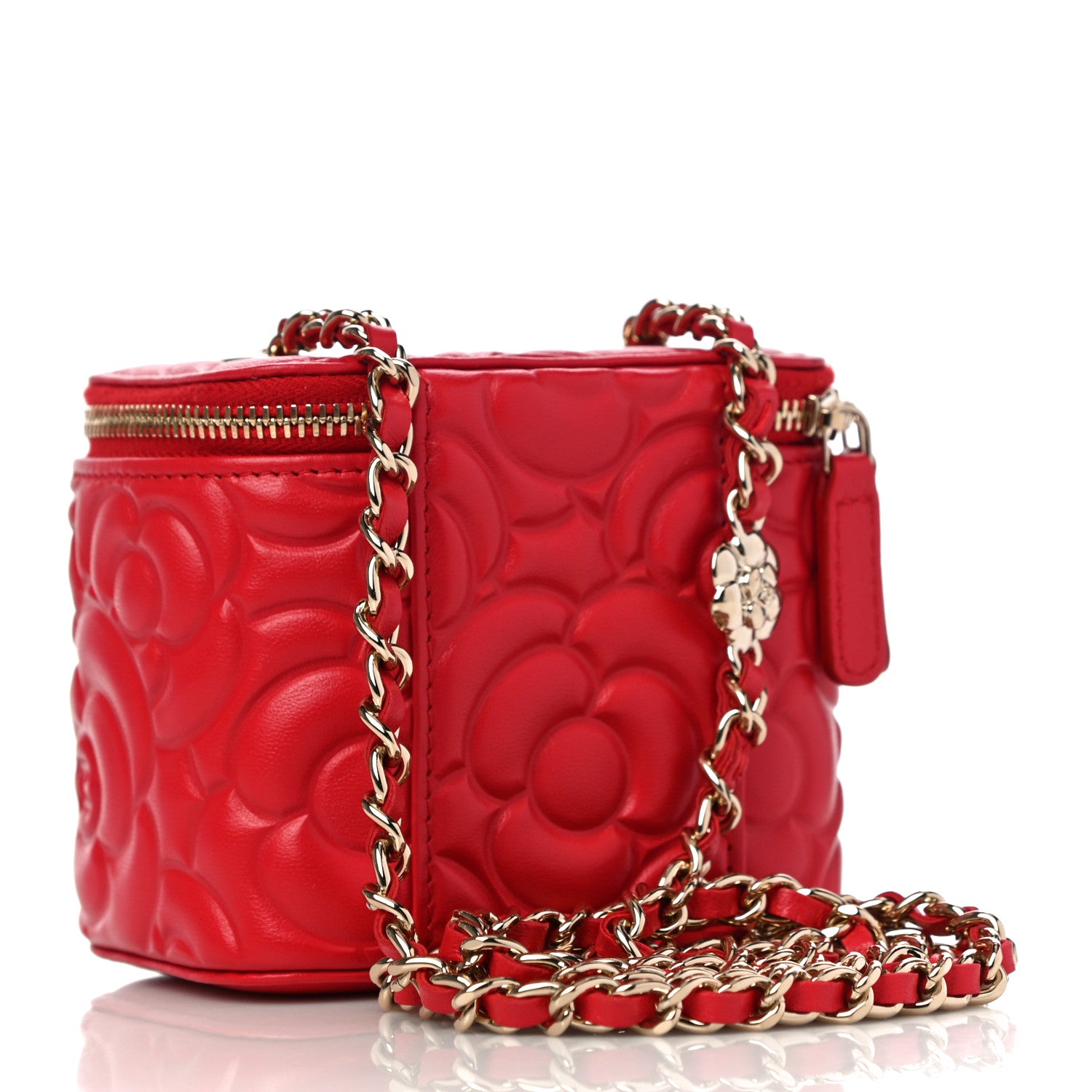 Chanel Lambskin Camellia Embossed Mini Vanity Case With Chain Red 3 of 11