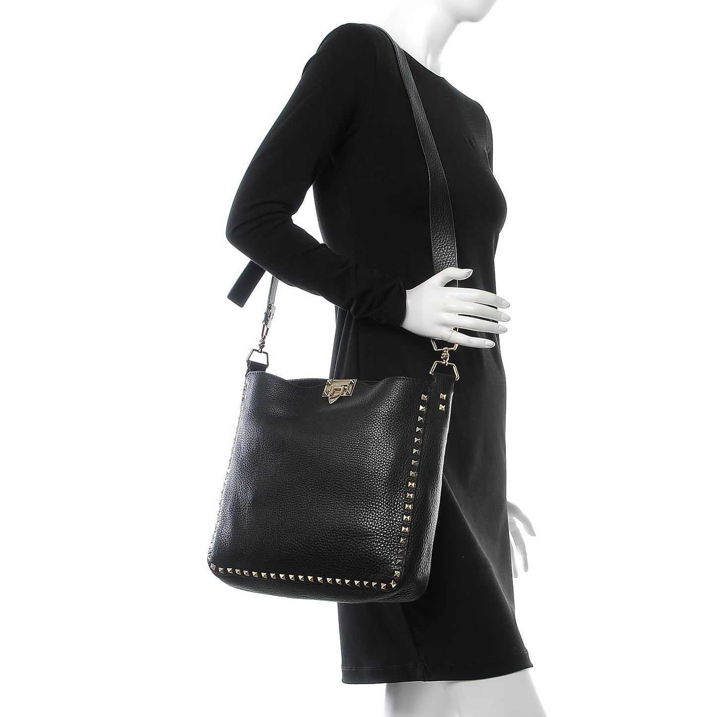 Pebbled Calfskin Large Rockstud Flip-Lock Messenger Bag Black