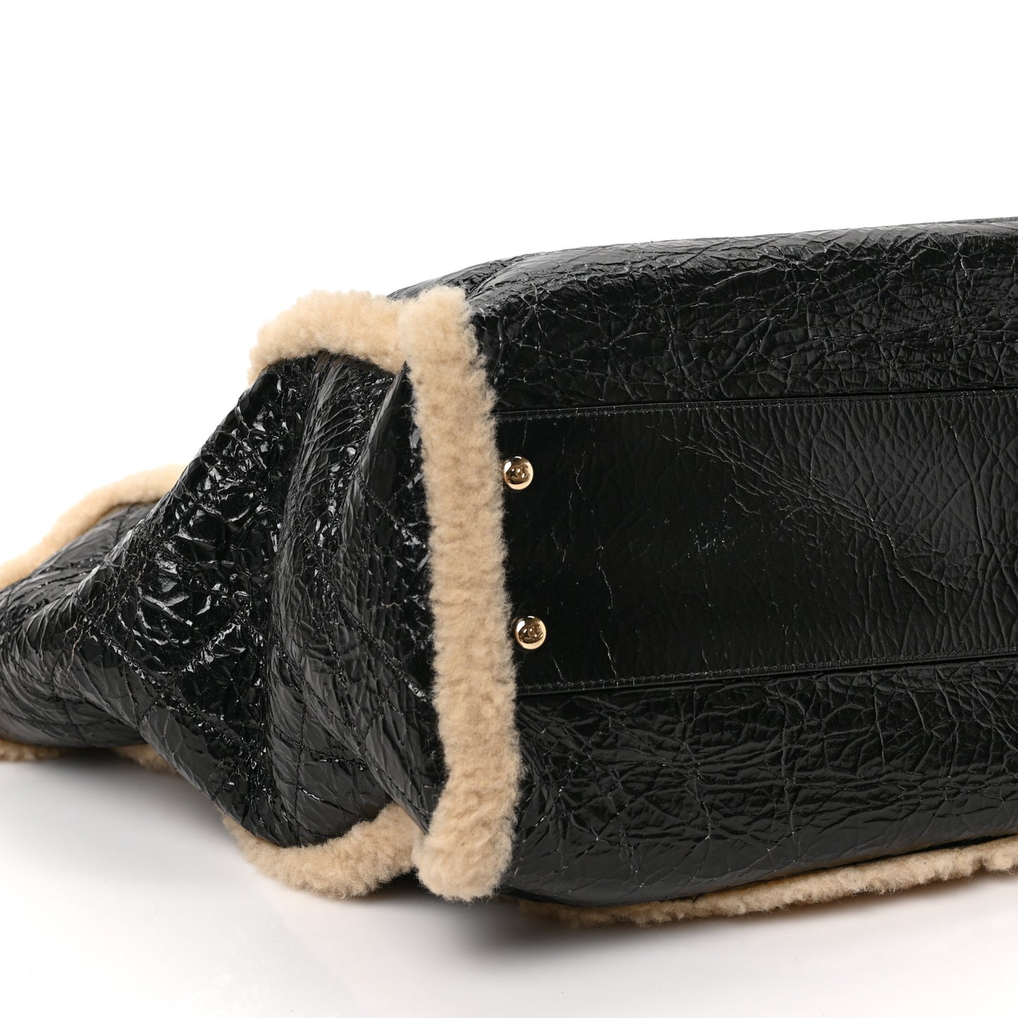 Shiny Crumpled Sheepskin Shearling CC Mania Tote Bag Black Beige