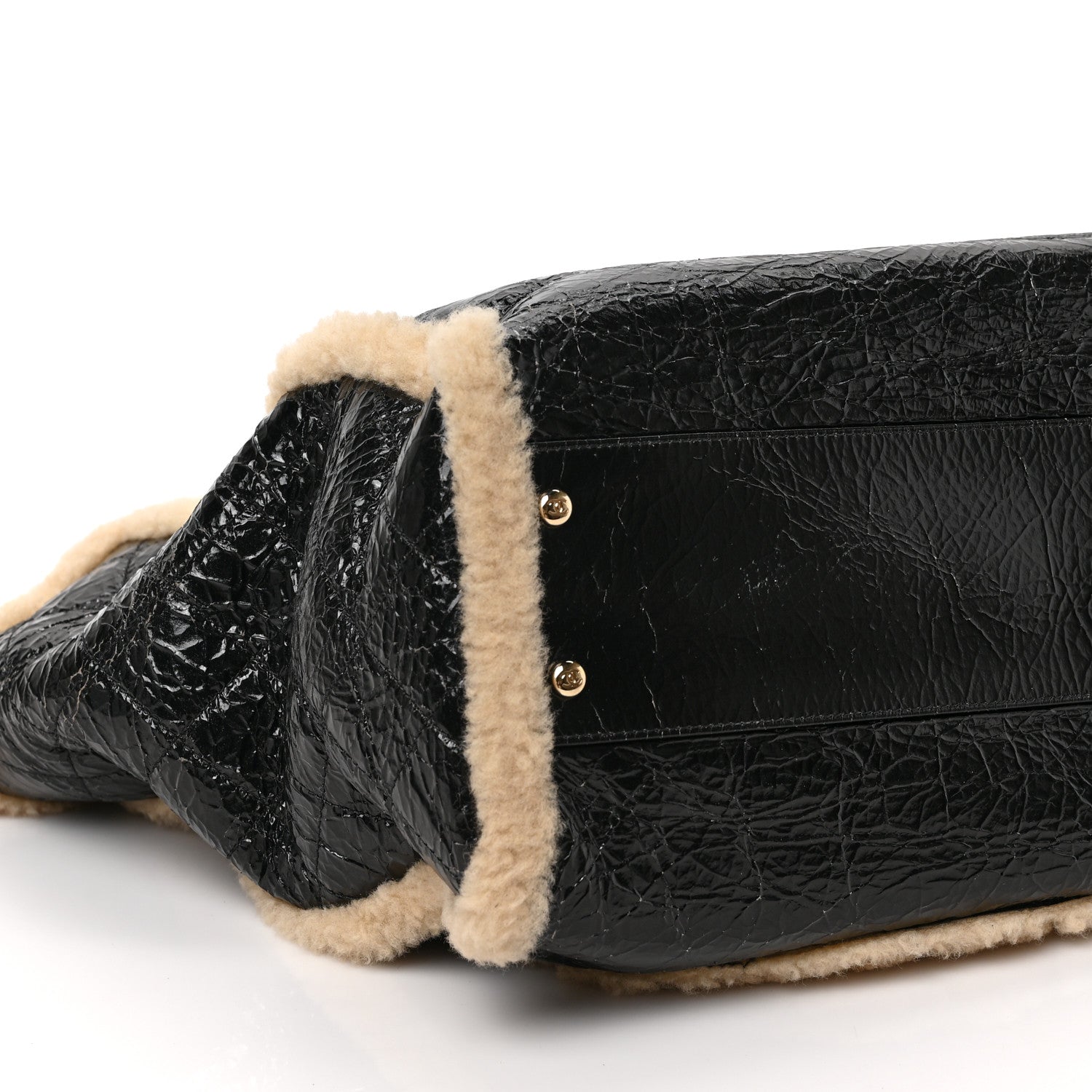 Chanel Shiny Crumpled Sheepskin Shearling CC Mania Tote Bag Black Beige 8 of 9