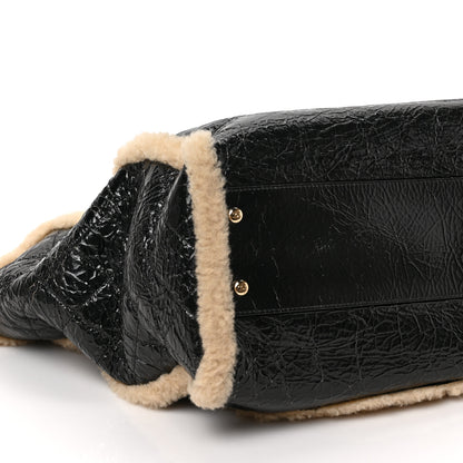 Chanel Shiny Crumpled Sheepskin Shearling CC Mania Tote Bag Black Beige 8 of 9