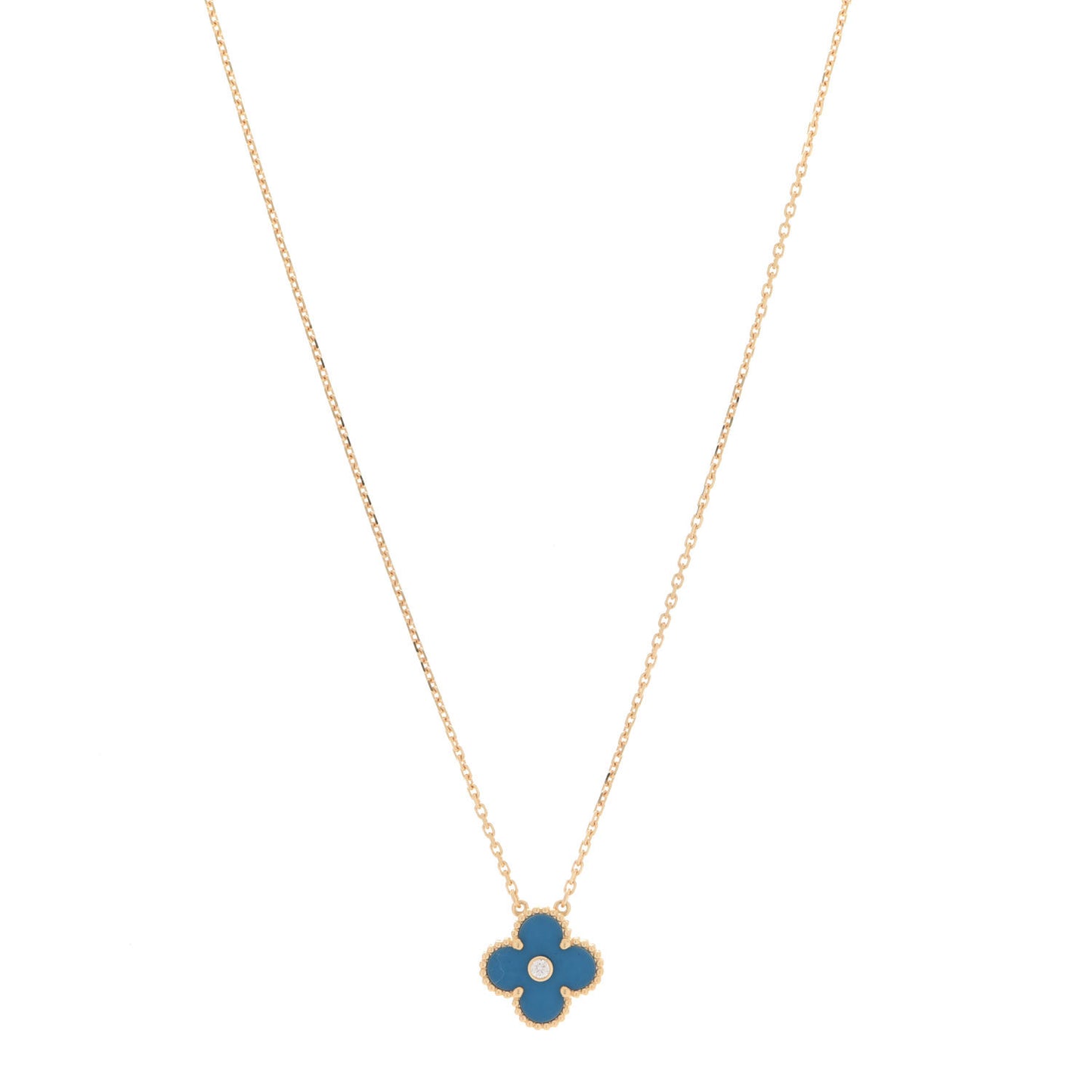 18K Yellow Gold Diamond Celestial Blue Sevres Porcelain Vintage Alhambra Pendant Necklace