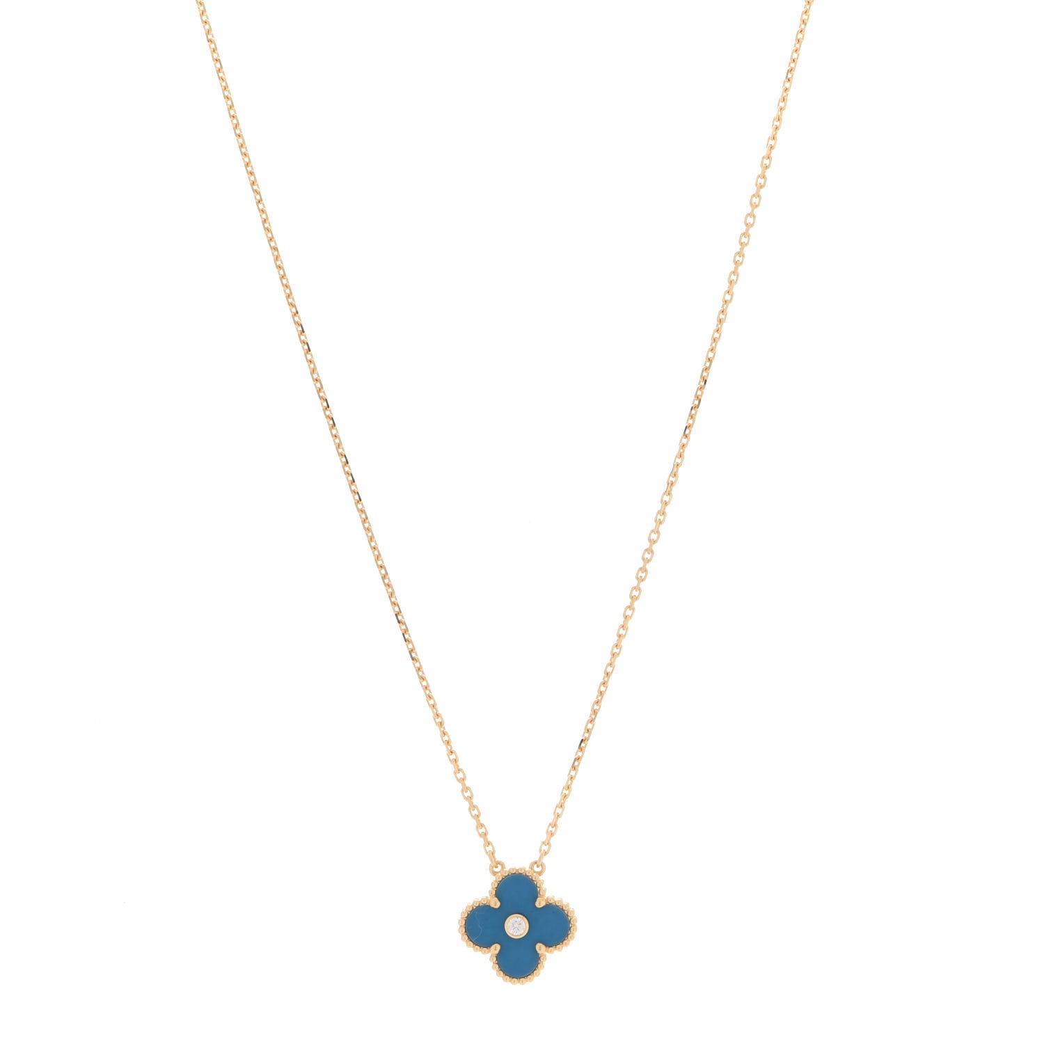 Van Cleef & Arpels 18K Yellow Gold Diamond Celestial Blue Sevres Porcelain Vintage Alhambra Pendant Necklace 1 of 6