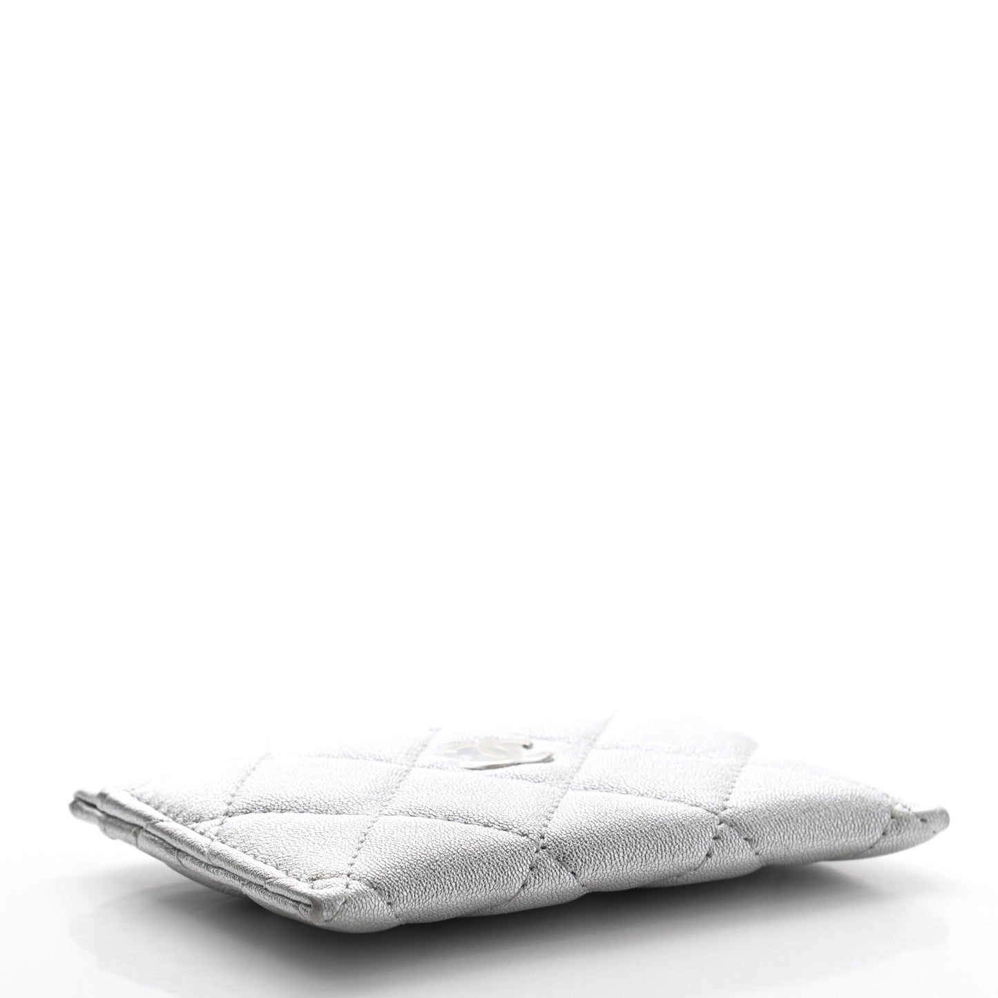 Metallic Lambskin Quilted Card Holder Silver