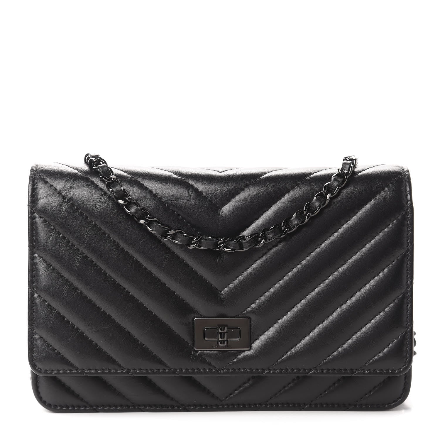 Chanel Aged Calfskin Chevron Quilted Reissue Wallet On Chain WOC So Black 1 of 12