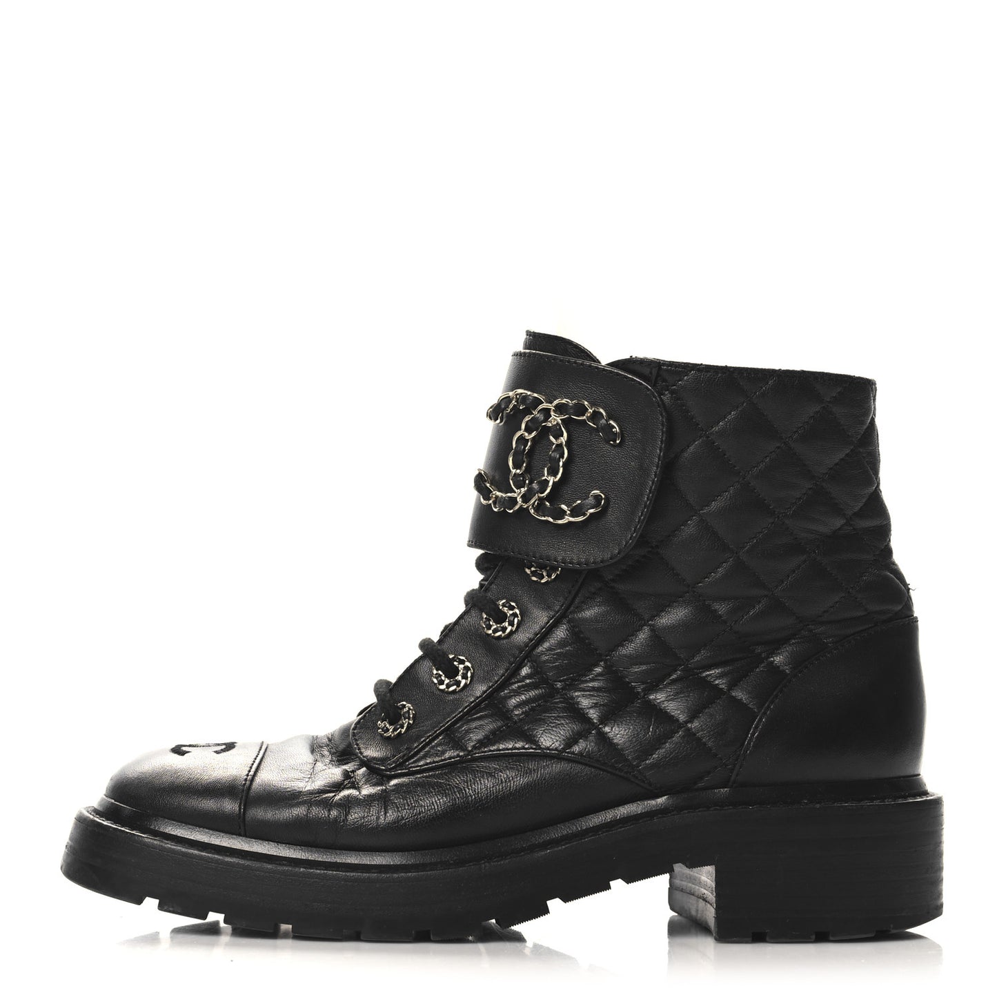 Shiny Calfskin Quilted Lace Up Combat Boots 38.5 Black