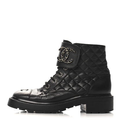 Chanel Shiny Calfskin Quilted Lace Up Combat Boots 38.5 Black 1 of 8