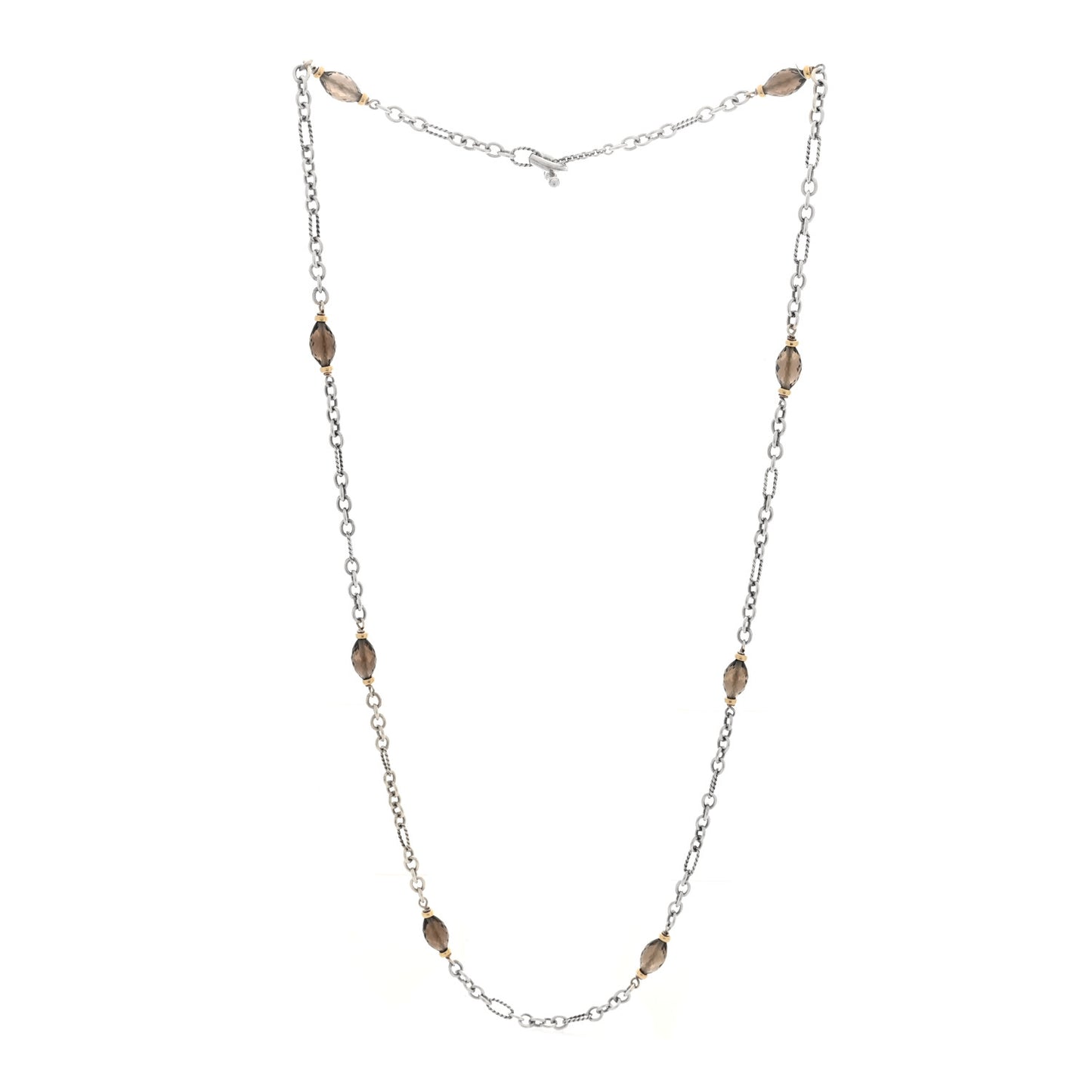Sterling Silver 18K Yellow Gold Smoky Quartz Figaro Station Link Necklace
