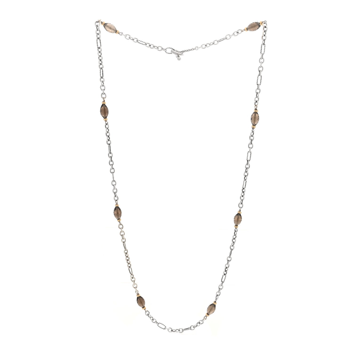 David Yurman Sterling Silver 18K Yellow Gold Smoky Quartz Figaro Station Link Necklace 3 of 4