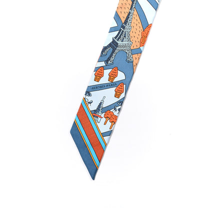 Hermes Silk Les Nouveaux Amoureux de Paris Twilly Ciel Blue Jean Orange 4 of 4