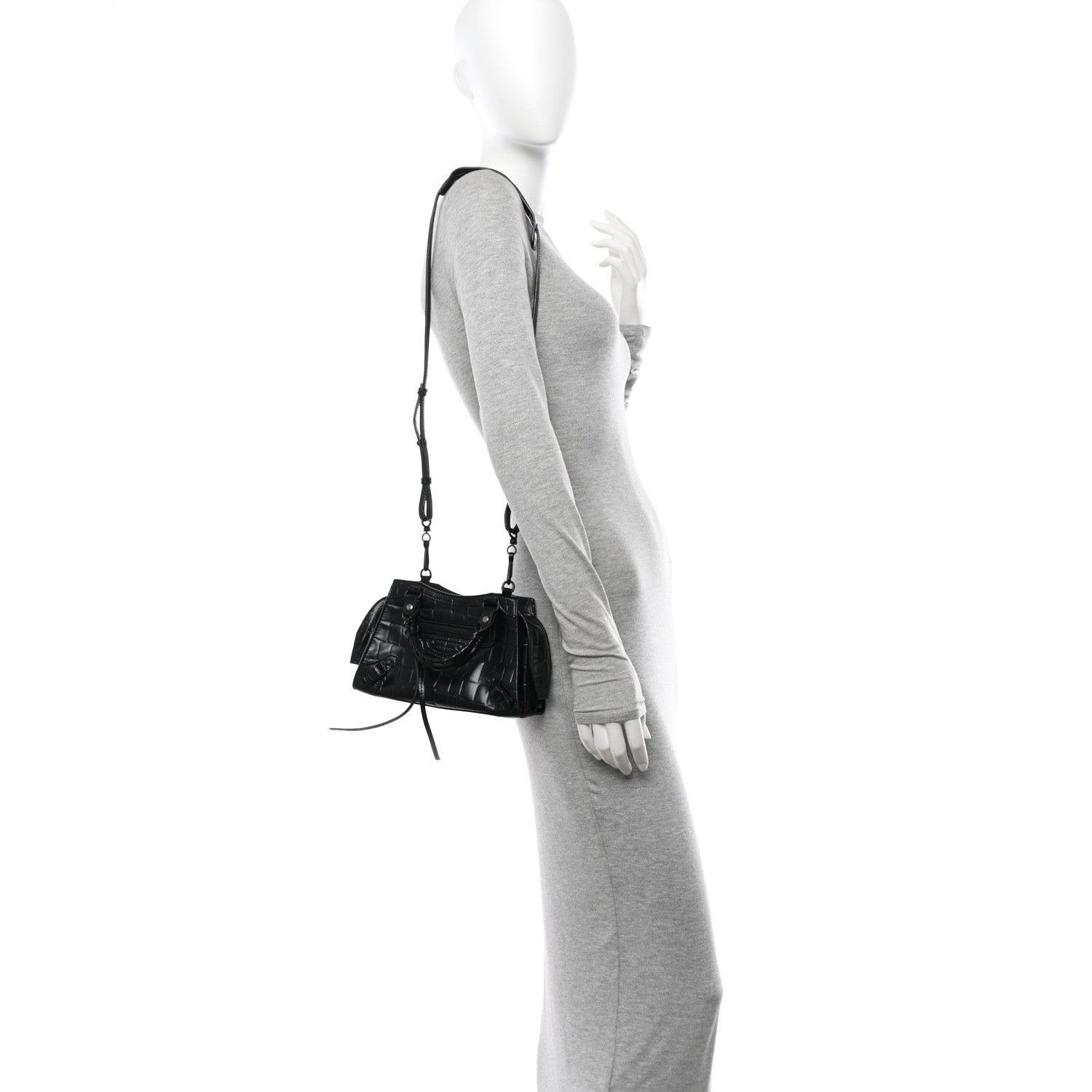 Balenciaga Semi Shiny Calfskin Crocodile Embossed Neo Classic Black Hardware Mini City Black 2 of 9