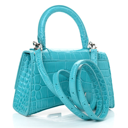 Balenciaga Shiny Calfskin Crocodile Embossed Hourglass Top Handle Bag XS Turquoise 3 of 11