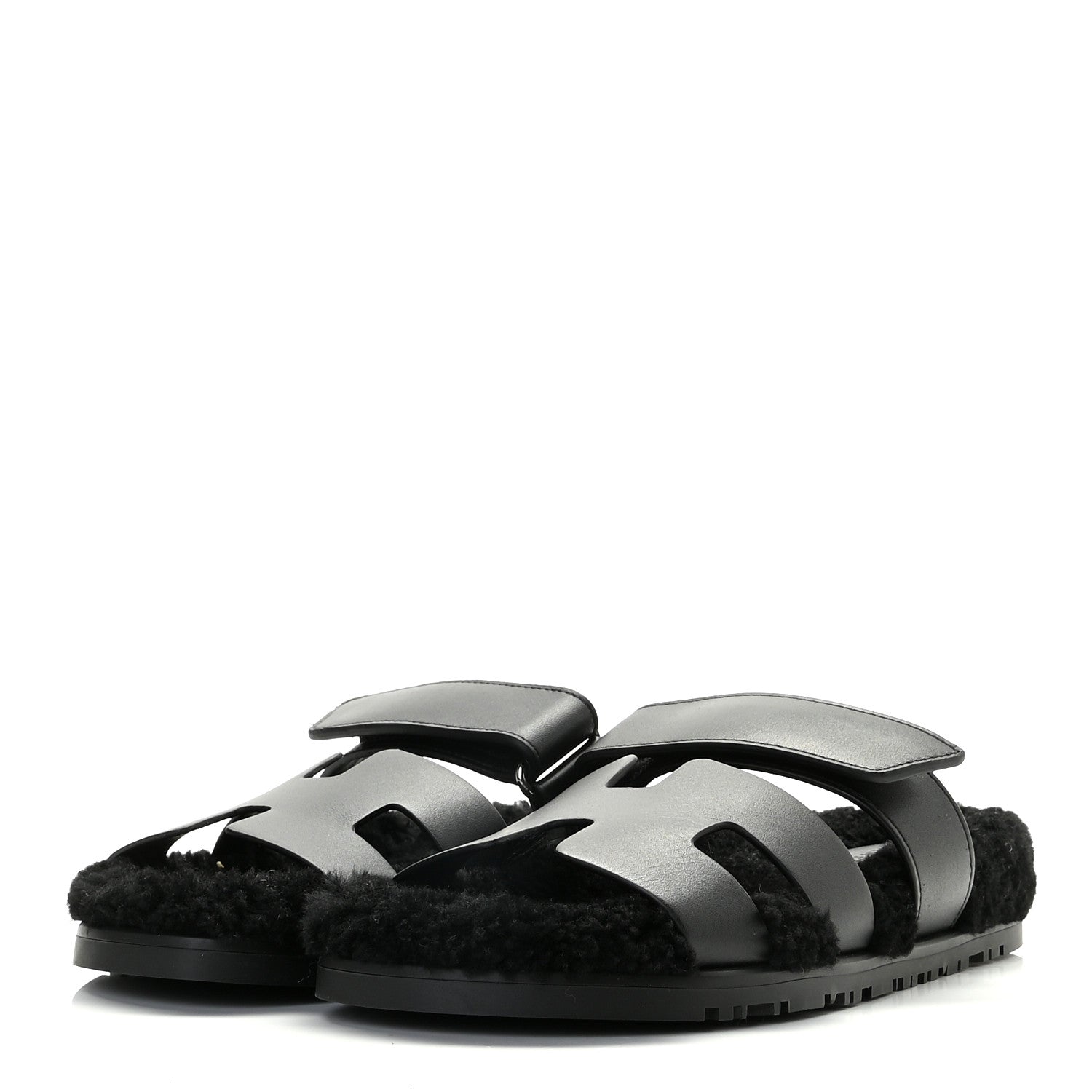 Hermes Calfskin Woolskin Womens Chypre Sandals 36 Black 3 of 12