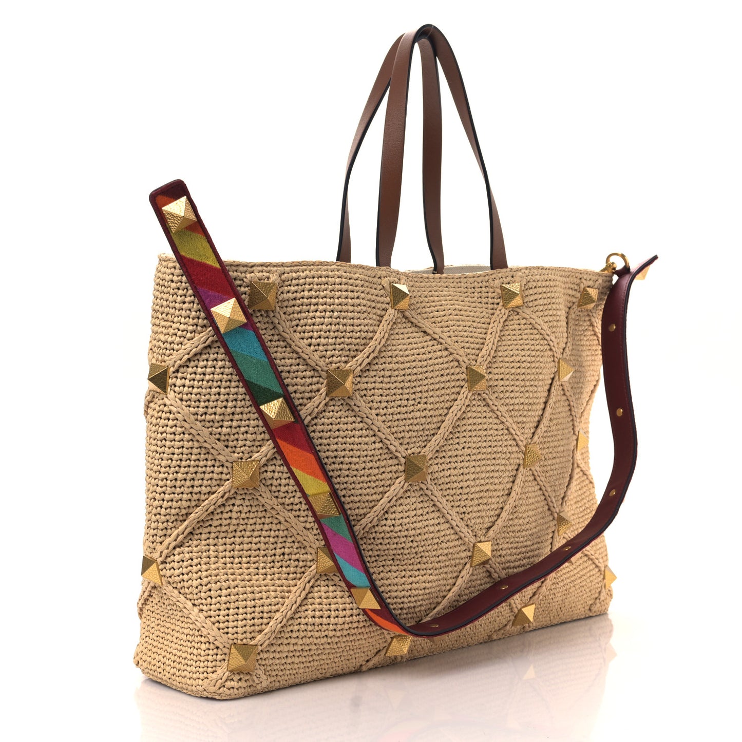 Raffia Calfskin Large Roman Stud Tote Naturale