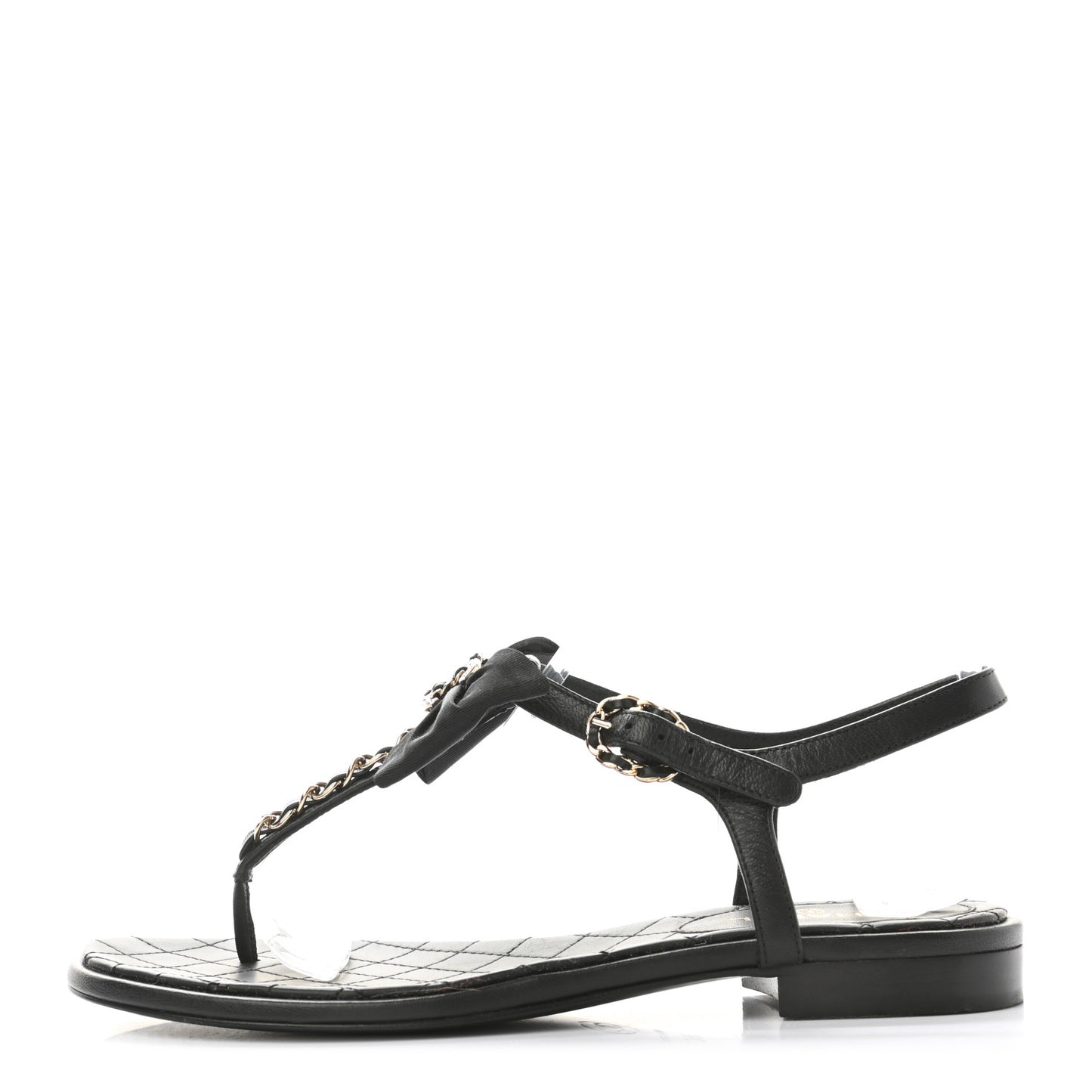 Lambskin Grosgrain Bow CC Chain Thong Sandals 36 Black Gold