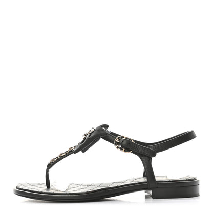 Chanel Lambskin Grosgrain Bow CC Chain Thong Sandals 36 Black Gold 1 of 8