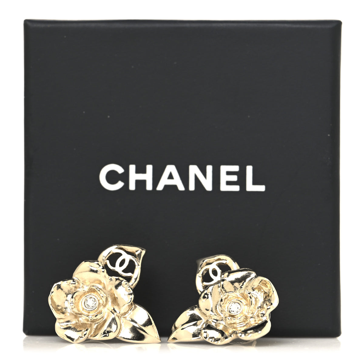 Chanel Crystal CC Camelia Earrings Gold 5 of 5