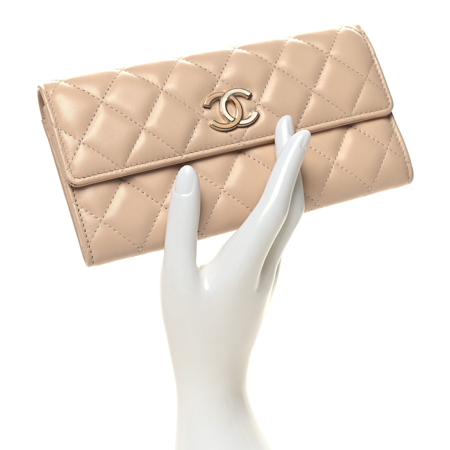 Lambskin Quilted CC Large Gusset Flap Wallet Beige