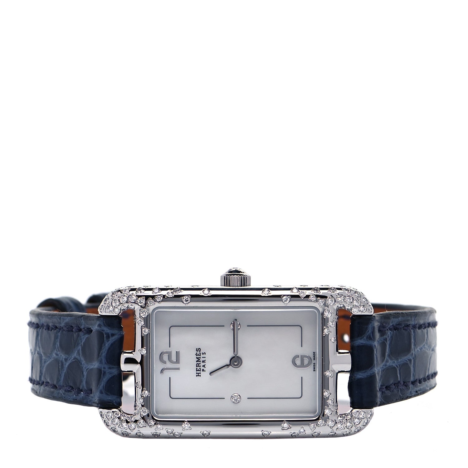 Hermes Stainless Steel Alligator Diamond Mother of Pearl 20mm Nantucket Quartz Watch Bleu Saphir 2 of 7
