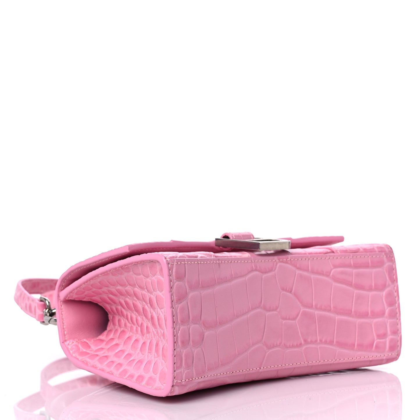 Shiny Calfskin Crocodile Embossed Hourglass Top Handle Bag XS Pink