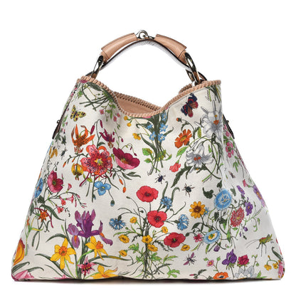 Gucci Canvas Flora Floral Large Horsebit Chain Hobo White 1 of 14