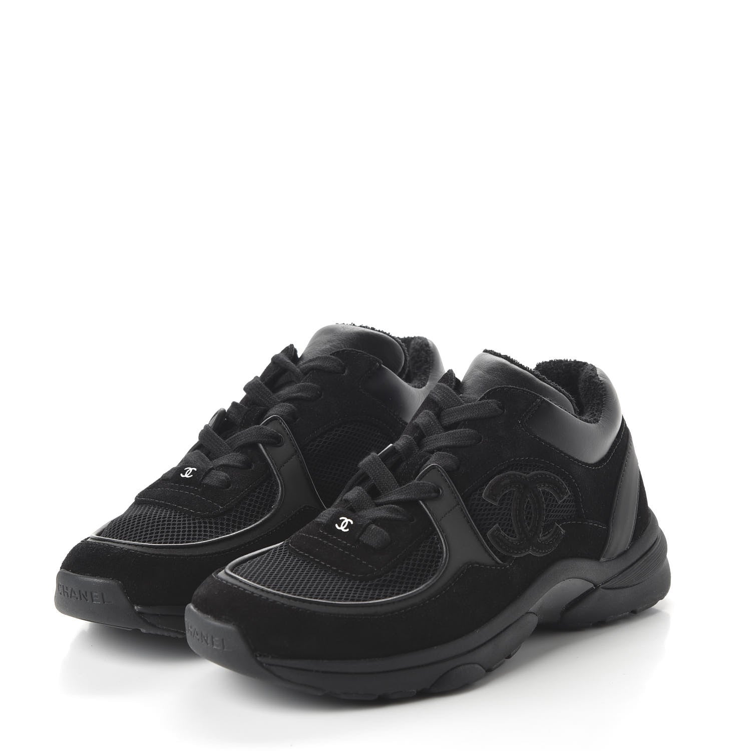 Chanel Fabric Calfskin Suede CC Womens Sneakers 37.5 Black 3 of 9
