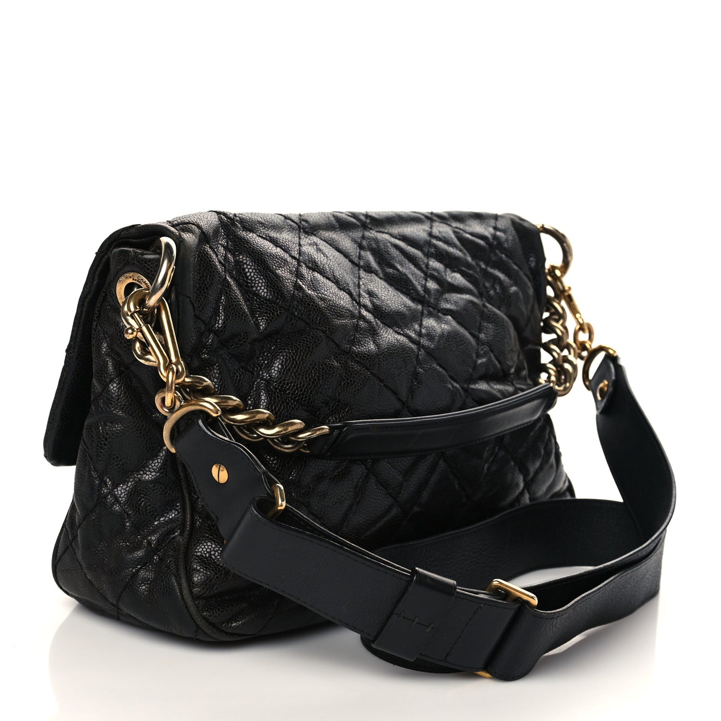 Crumpled Grained Calfskin Medium Coco Pleats Messenger Flap Black