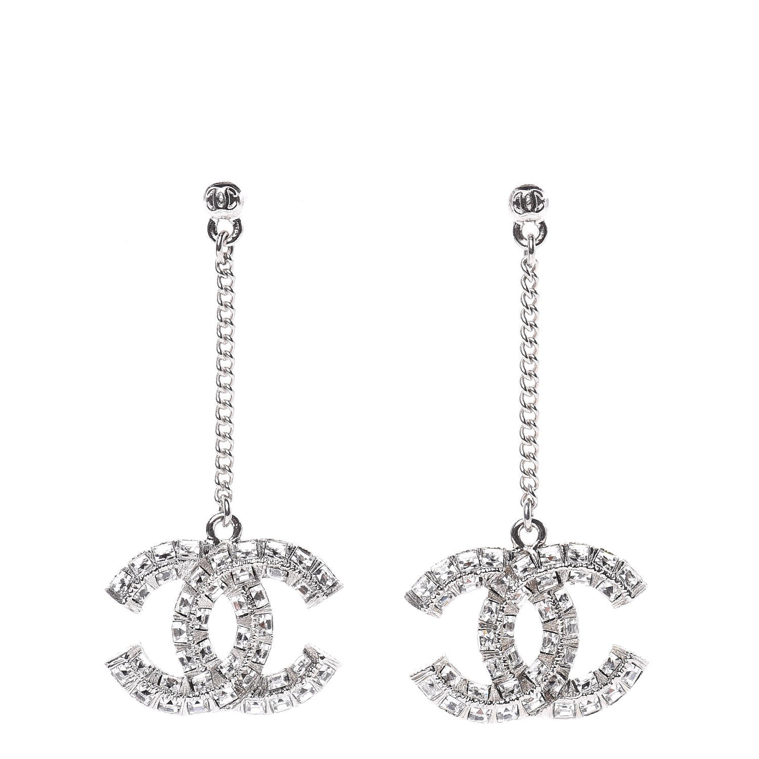 Chanel Baguette Crystal CC Drop Earrings Silver 1 of 4