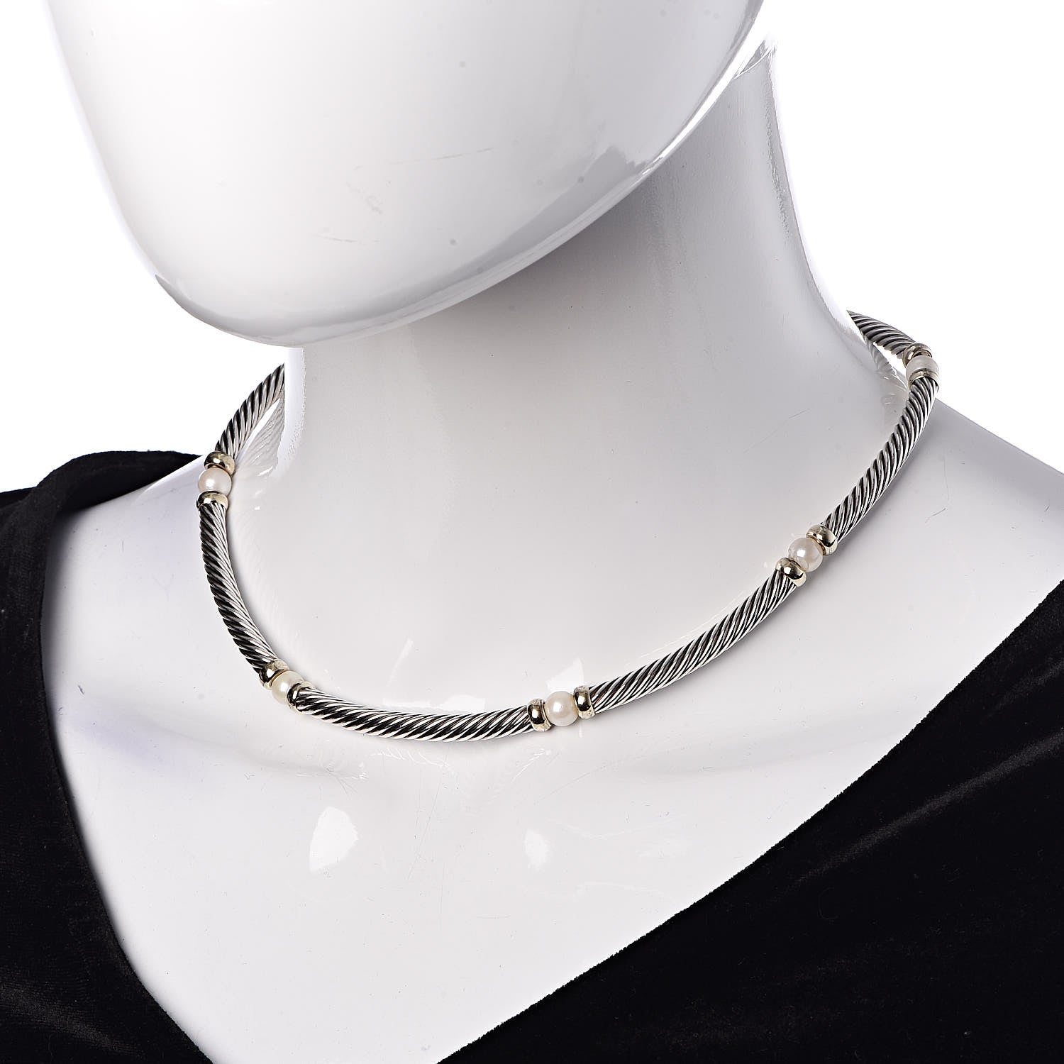 David Yurman Sterling Silver 14K Yellow Gold Pearl Hampton Cable Choker Necklace 2 of 4
