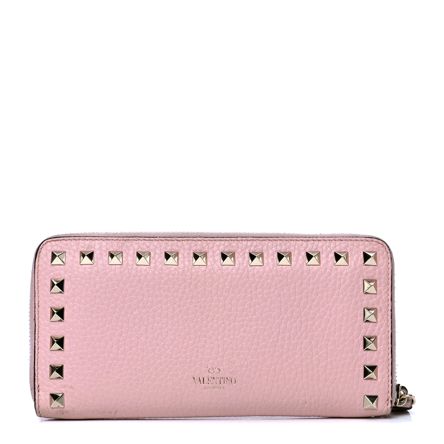 Pebbled Calfskin Rockstud Zip Around Wallet Water Rose