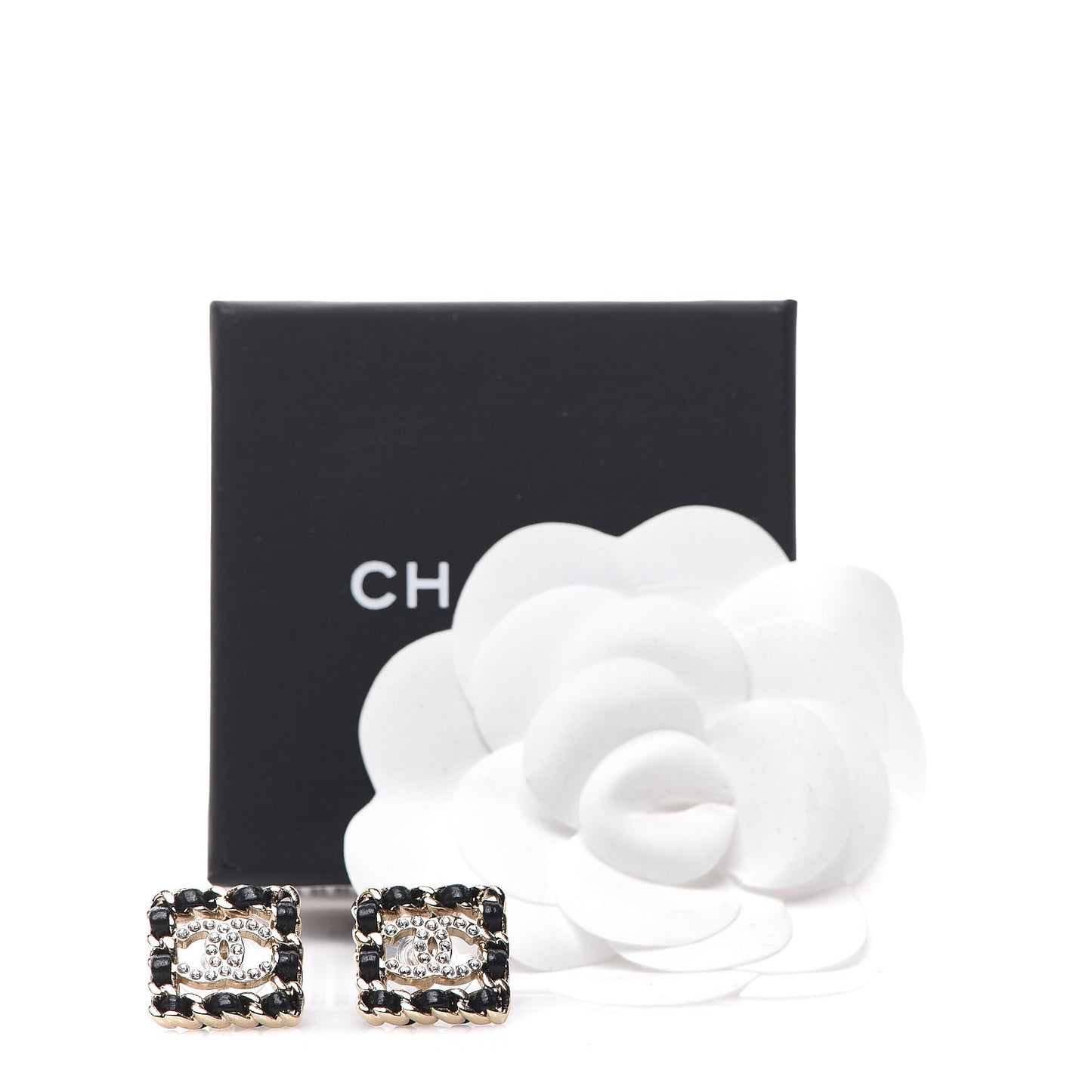 Crystal Lambskin Chain Sergeant Stud Earrings Black Gold