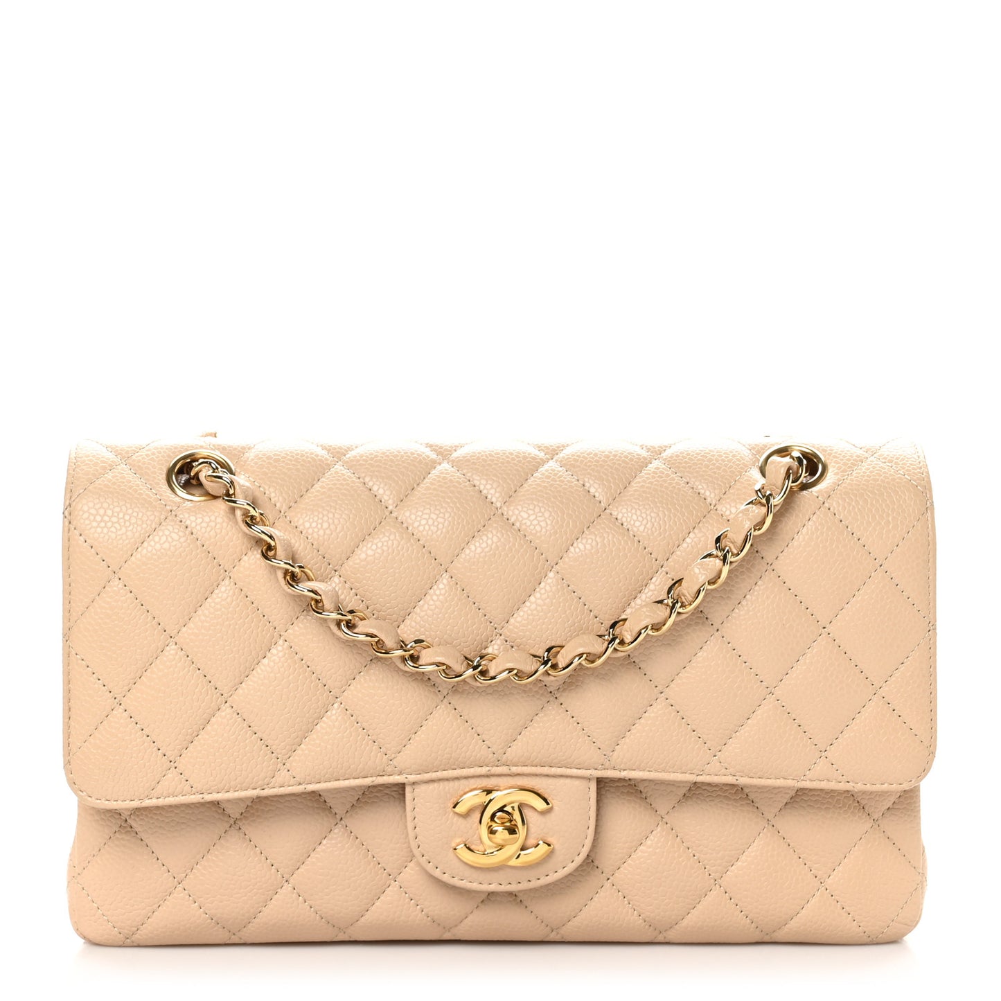 Caviar Quilted Medium Double Flap Beige