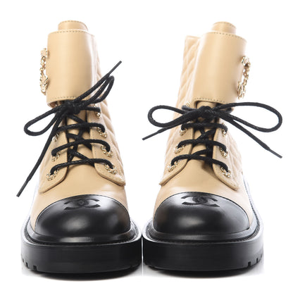 Chanel Shiny Lambskin Quilted Lace Up Combat Boots 37.5 Beige Black 2 of 7