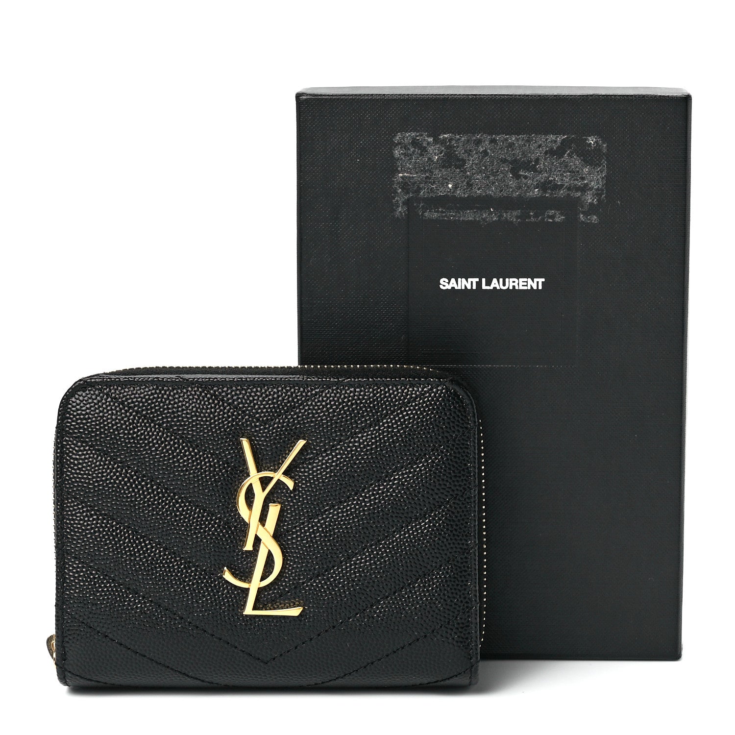 Saint Laurent Grain De Poudre Matelasse Chevron Monogram Compact Zip Around Wallet Black 12 of 12
