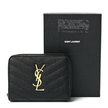 Saint Laurent Grain De Poudre Matelasse Chevron Monogram Compact Zip Around Wallet Black 12 of 12