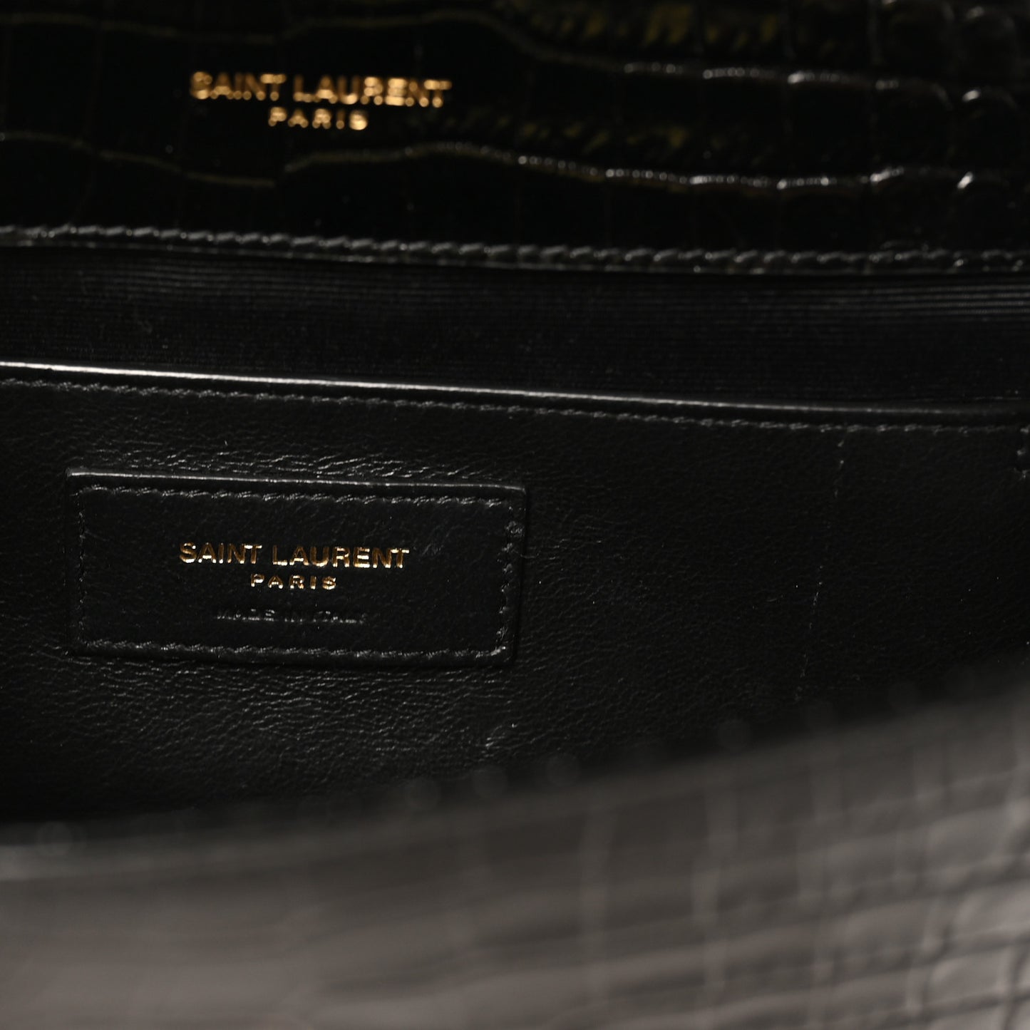 Calfskin Crocodile Embossed Small Classic Monogram Kate Tassel Satchel Black