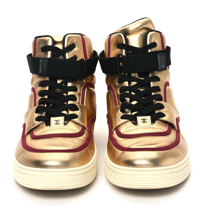 Chanel Metallic Satin Lambskin Mens Logo High Top Sneakers 46 Gold Burgundy 2 of 9