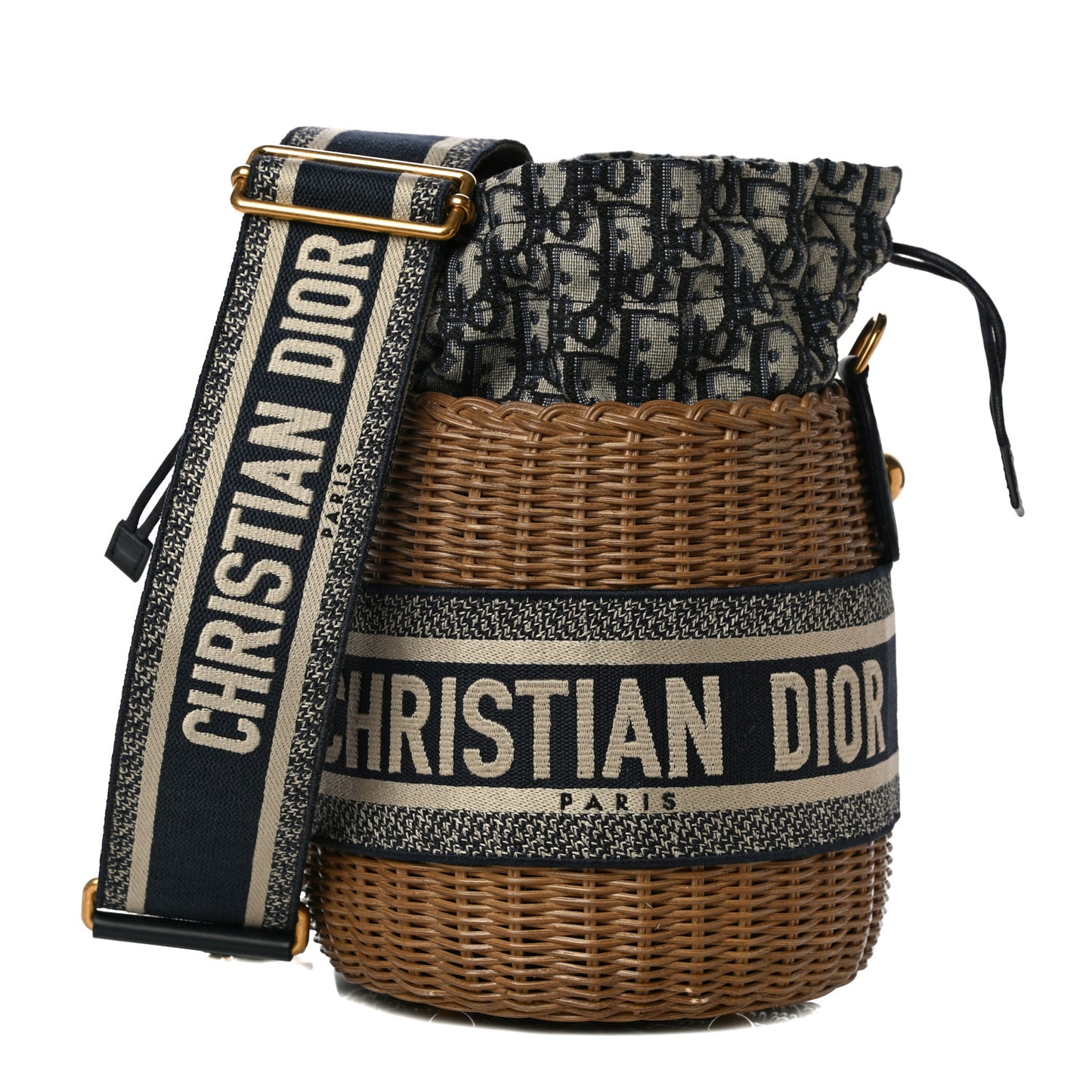 Wicker Oblique Drawstring Bucket Bag Blue