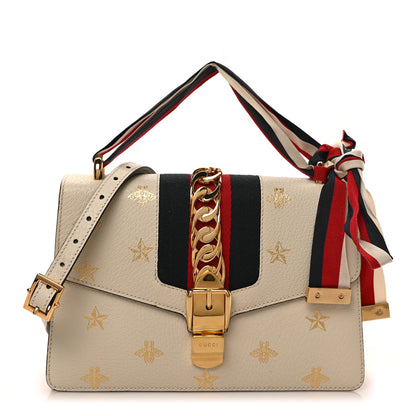 Gucci Textured Calfskin Bee Star Print Small Sylvie Shoulder Bag Mystic White 1 of 9