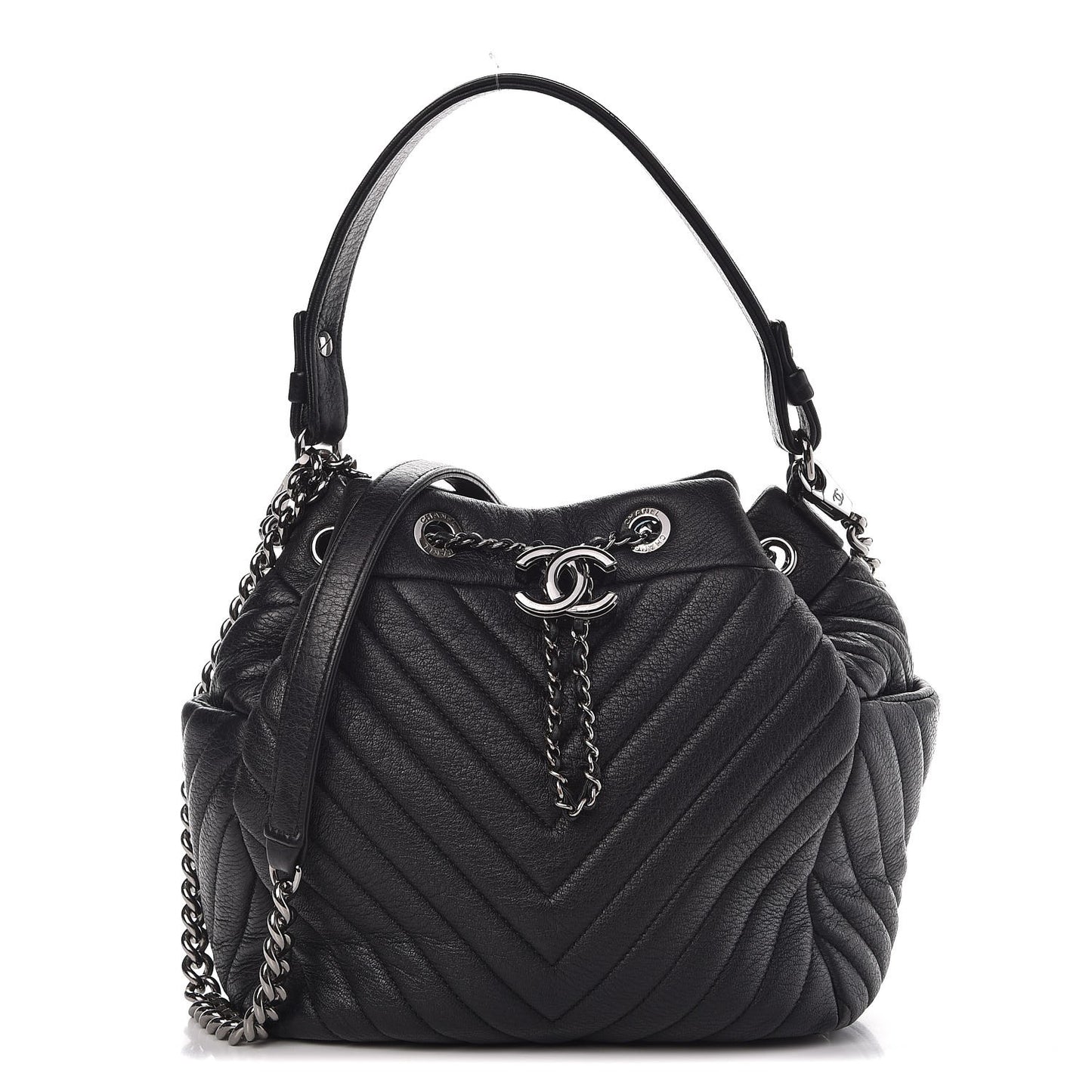Deerskin Chevron Small CC Chain Bucket Bag Black