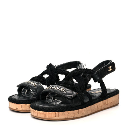 Chanel Cord Lambskin Quilted Logo Sandals 38 Black 3 of 8
